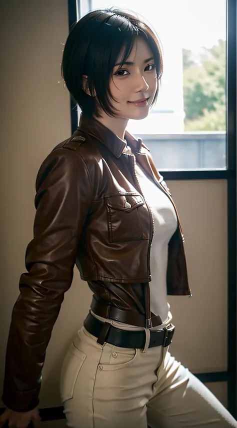 Mikasa from the anime Attack on Titan, short hair, black hair, beautiful woman, beautiful, perfect body, perfect breasts, white shirt, brown jacket, cream pants, looking at the viewer, small smile, realism, masterpiece, textured skin, super detailed, detai...