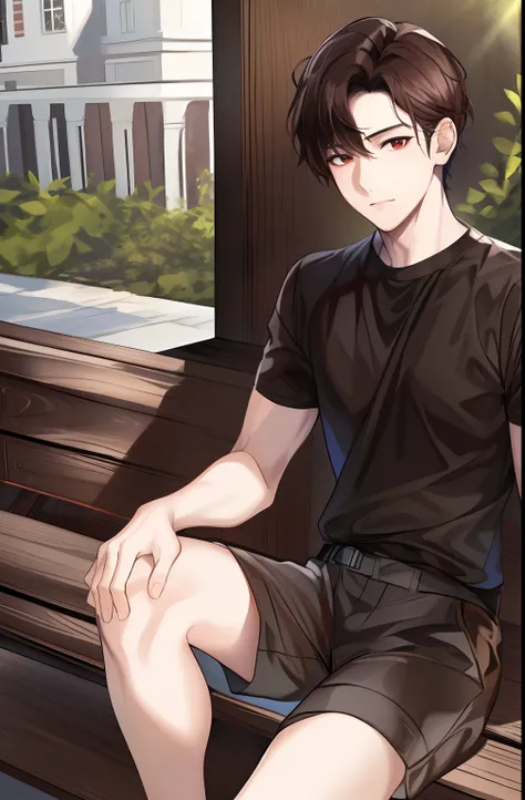 (absurdres, highres, ultra detailed, HDR), masterpiece, best quality, 1boy, solo, handsome, dark brown hair, finely eye and detailed face, black shirt, white shorts, (pale and white skin), look at viewer, ear piecing, sitting on bench, sit cross legged, pa...