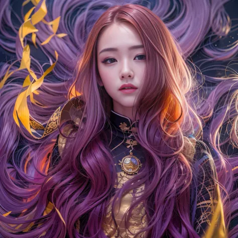 Agate glass texture 32K（tmasterpiece，k hd，hyper HD，32K）Long flowing bright purple hair，Autumn Pond，zydink， a color， Asian people （Kizi）， （Red scarf）， Combat posture， looking at the ground， long whitr hair， Floating bright purple， Fire cloud pattern gold ti...