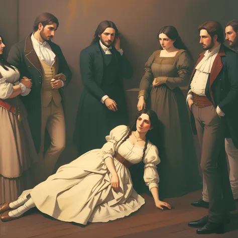 Painting of a woman lying on the floor with a group of people, mourning family, inspirado em Francesco Hayez, kramskoi 4 mil, Davis, inspired by Théodore Chassériau, pintura digital barroca, Pintura da Era Vitoriana, No estilo de arte de Bowater, Directed ...