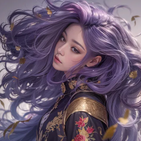 Agate glass texture 32K(tmasterpiece,k hd,hyper HD,32K)Long flowing bright purple hair,Autumn Pond,zydink, a color, Asian people (Kizi), (Red scarf), Combat posture, looking at the ground, long whitr hair, Floating bright purple, Fire cloud pattern gold ti...