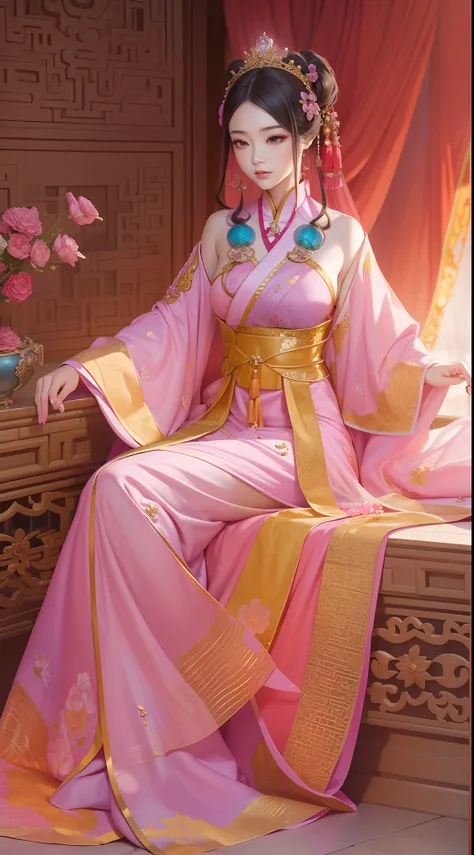 Alafi in a pink and orange dress sat on the bed, a beautiful fantasy empress, lovely languid princess, Palace ， A girl in Hanfu, ((a beautiful fantasy empress)), China Princess, full-body xianxia, Oriental fantasy, gorgeous chinese models, a stunning young...