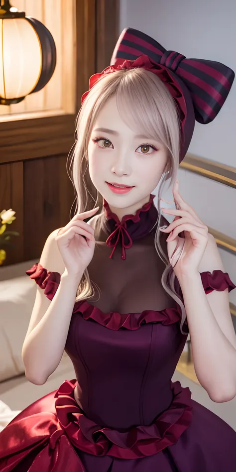 , top-quality, ShalltearV4, 1girl in, 独奏, doress, frilld, the bow, Hair Bow, tusk, Bewitching smile, pale-skinned, Shines, radiant eyes, portraitures,Complete body,double tooth,Red Eyes.