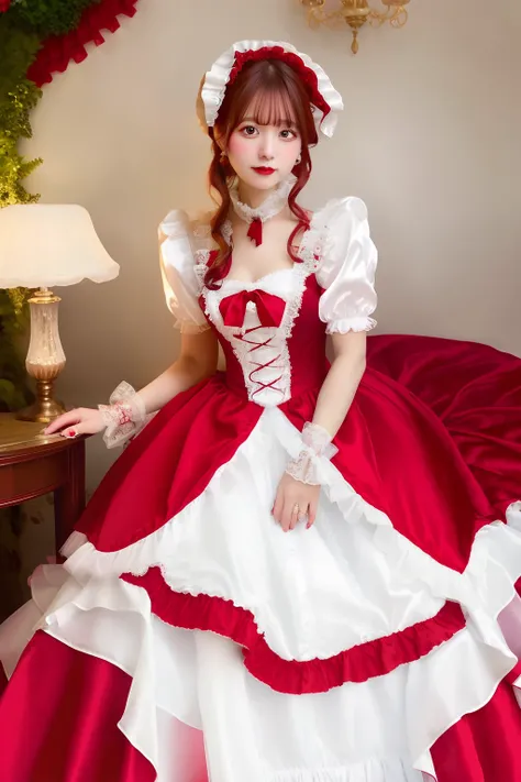 Close up portrait of woman in red satin dress and white satin gloves, rococo dress, rococo queen, Victorian red dress, rococo ruffles dress, dress in the style of rococo, fantasy dress, Lolita style, ethereal fairy tale, Icy Red Dress, victorian dress, Lol...