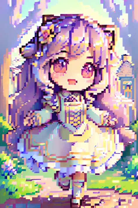 (masterpiece),(best quality),(ultra-detailed), (full body:1.2),
((1girl)),((female)), chibi,cute, smile, open mouth,
flower, outdoors,(maid uniform), blush, tree, :3, shirt,pink, (long hair),(lavender hair), (lavender eyes), (Background: lavender garden), ...