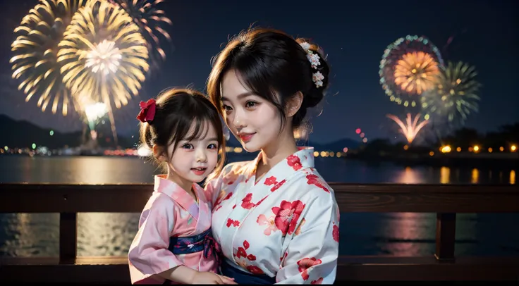 Beautiful mother and beautiful daughter in yukata seeing fireworks