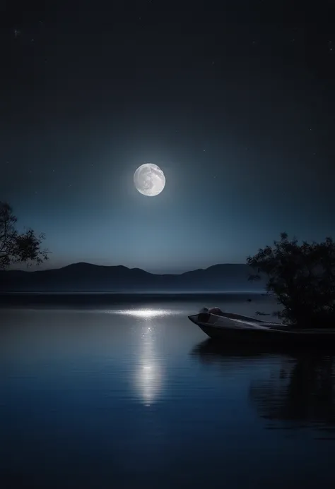 "dia tranquila e tranquila, Aproveite um brilho prateado. A harmonious scene of the moon delicately reflected in calm waters. Twinkling stars dot the dark sky, Creating a magical atmosphere. The surrounding nature is shrouded in a light and mysterious mist...