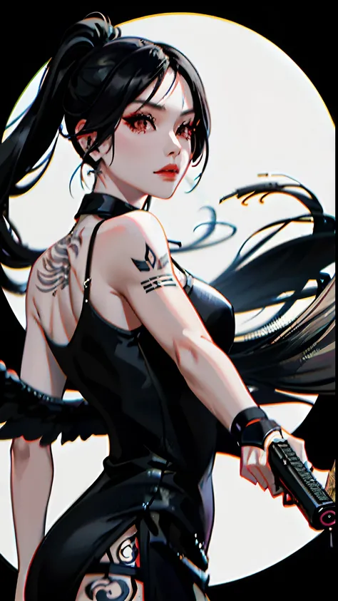 araffe woman in a black dress holding a gun, in the style of sifu, jia, of taiwanese girl with tattoos, sha xi, yakuza slim girl, tifa, tifa lockhart, in style of kar wai wong, hot, glamorous tifa lockheart, gif, she has black hair, "fallen angel", "blackw...