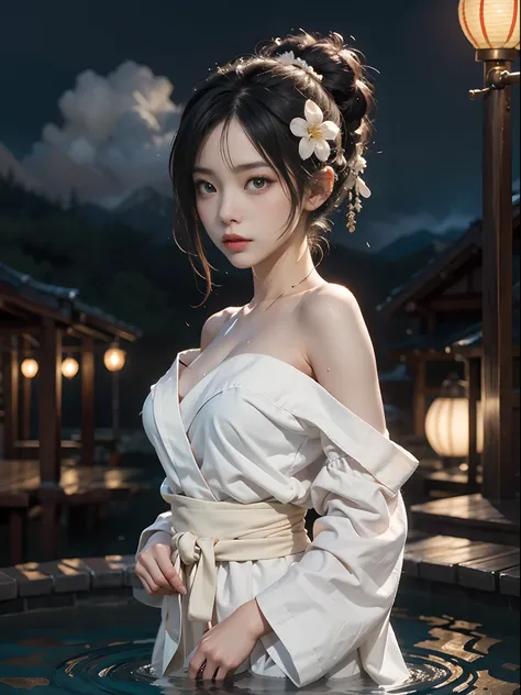 1girl, breasts, moon, lantern, night, solo, large breasts, hair ornament, wet, kimono, japanese clothes, wading, water, hair flower, flower, outdoors, sky, full moon, rain, black hair, off shoulder, mountain, cloud, holding, sash, bare shoulders, paper lan...