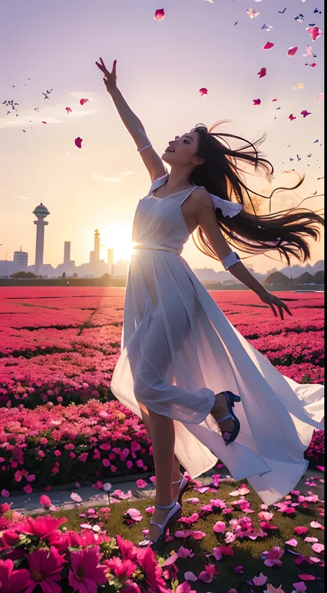 k hd, tmasterpiece, HighestQuali, colourful background, Colorful beautiful woman，Petals flying in the sky