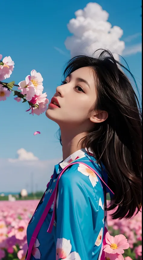 k hd, tmasterpiece, HighestQuali, colourful background, Colorful beautiful woman，Petals flying in the sky