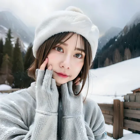 Shorthair,bustup,snowy mountain background,cloudy ash sky,Oyuki,Ski Wear,Yarn hat,Yarn gloves,Cold,Put your hands over your mouth