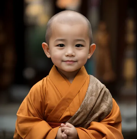 arafed child in a robe standing in front of a building, buddhist monk, monk clothes, portrait of monk, wearing brown robes, monk, Serene expression, Buddhist, 2 1 st century monk, portrait shooting, a serene smile, little boy wearing nun outfit, peaceful e...