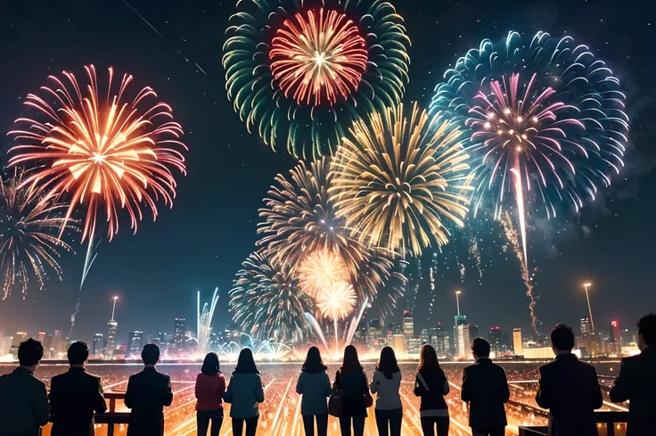 best quality,ultra-detailed,brilliant fireworks,bursts of colorful lights,sparkling explosions,magnificent display,spectacular show,vibrant colors,nighttime celebration,festive atmosphere,joyous occasion,exciting event,loud bangs,illuminated sky,happy face...