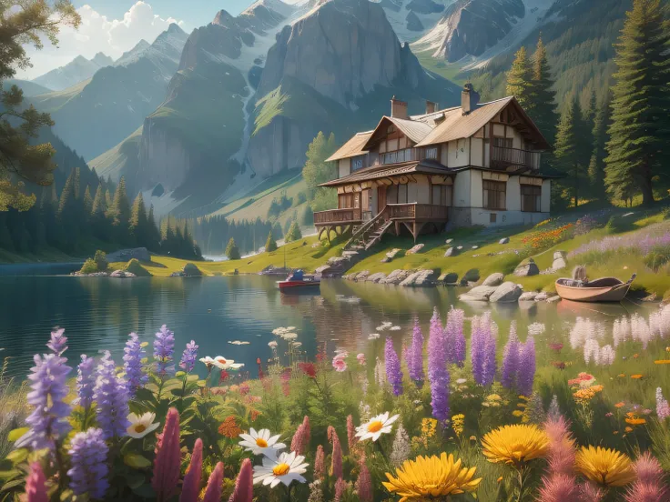 Villa by the lake, small boats,  wildflowers, snow mountains, Blue sky. and the sun was shining brightly, the detail， 4K， k hd， high high quality.