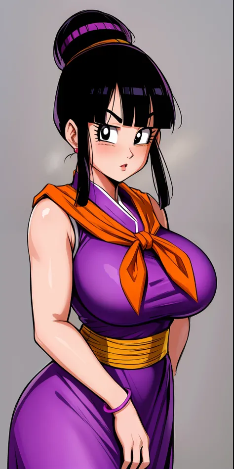 chichi_dbz, standing, solo, large_breasts, Purple_Dress_Orange_Neckerchief, masterpiece, best quality, detailed face, detailed eyes, highres,