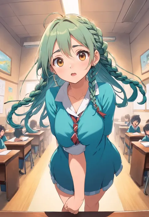 (best quality:1.2), 1girl, (fisheye, on side, confused, gradient hair, long hair, spiked hair, quad braids, large_breasts, classroom),