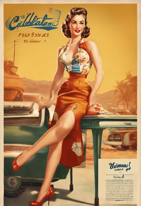 Evening sunset,in the style of Pin Up, actress tamanna, higly detailed,Colorful pin-up art, art style, kodak portra 400, cinematic, (smiling:0.6), 60s American pinup, art style, a waitress only wear an apron , solo, Extra Short Pettiskirt, suspenders, clea...