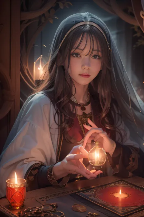 Mysterious woman doing tarot reading,Tarot Reading,Clean face, Straight hair, Shiny hair,Medieval mystery clothes,Mysterious fortune teller,Mysterious hermit,White Magician,magical lights,Gentle smile,Red Eyes,Red glowing eyes,Magical powers,Draw a card