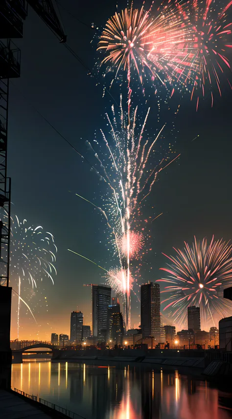 a photorealistic night scene picture of a fireworks show over a city at night, fireworks being reflected in the river, photorealistic display of fireworks (best details, Masterpiece, best quality), night ultra detailed urban background at night, entire sce...