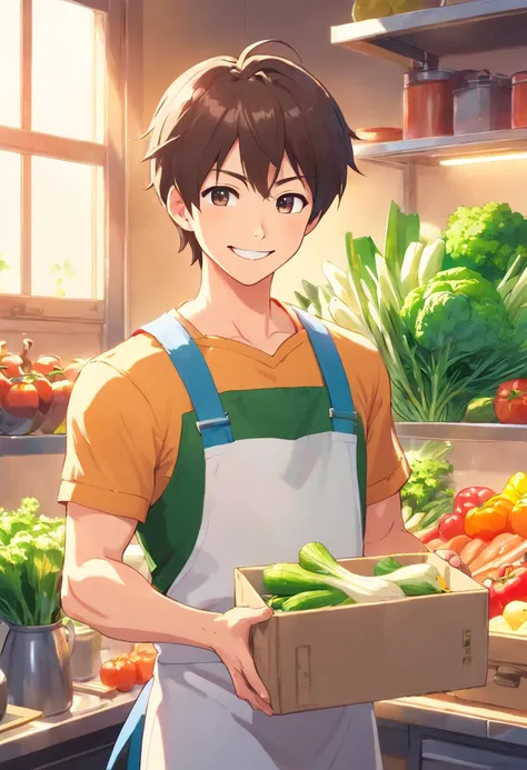 Smiling muscular man in apron holding a box of vegetables，thumb up, advertisement picture, advertising photograph, wearing apron, promo image, personal profile picture, gardening, farmer, promo art, Home and garden, Handsome man, attractive and good lookin...