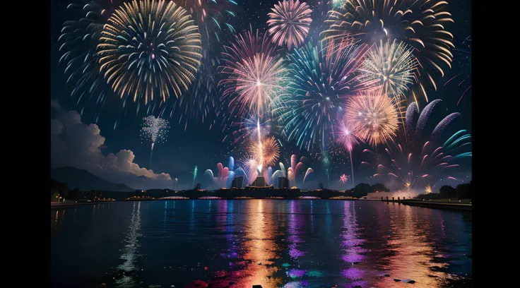 (masterpiece, best quality, ultra_detailed, highres,absurdres:1.2), create a beautiful artwork of fireworks viewed from a magical place near the moon, 8k resolution, illustration