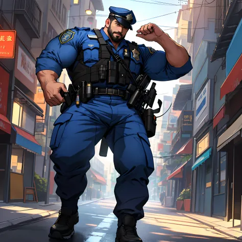 best quality, masterpiece, super high resolution, detailed background, realism, illustrations, single, 1 boy, street, muscle, volumetric lighting, depth of field, facial hair, full body, police uniform