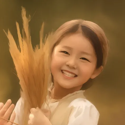 There was a young girl holding a pile of hay, OilPaintStyle, Cute painting, Oil painting painting,oil painted, digital oil painting, Happy girl, oil on the canvas, an airbrush painting, Smiling girl, Expressive painting, Chinese girl, portrait of a japanes...