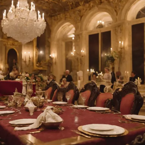 Create an image depicting the extravagant seven-course dinner at the king louis xiv soirée, highlighting the exotic dishes and the ornate table settings.