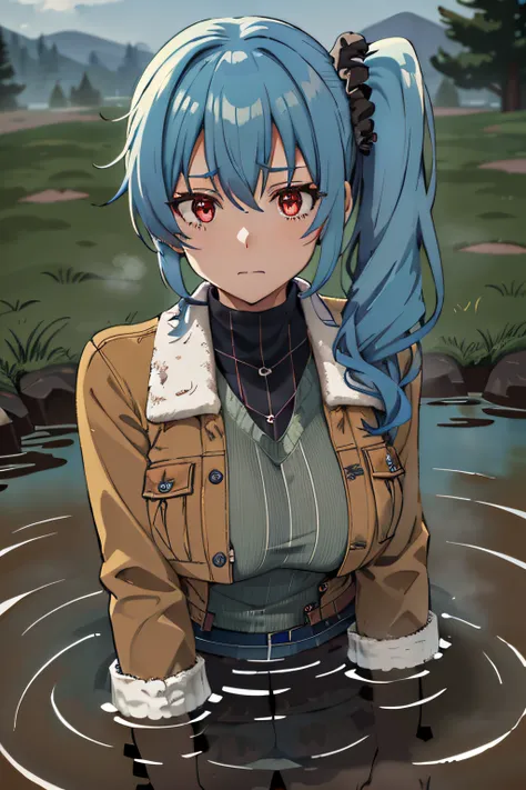 blue hair, side ponytail, scrunchie, red eyes, medium breasts, brown jacket, fur trim, green top, black collar,sunk to the breas...