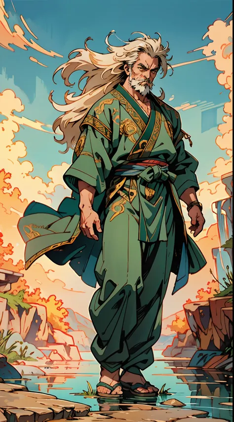 A middle-aged man around 50 years old, disheveled long hair and a long beard, his calm expression reveals wisdom, he wears a loose-fitting moss green robe, golden embroidery patterns, stands confidently in the wind, in a mountain valley with a stream, a br...