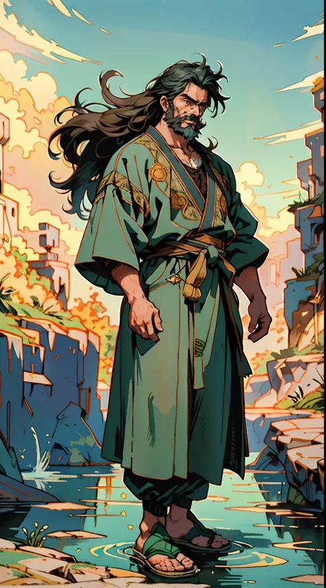 A middle-aged man around 50 years old, disheveled long hair and a long beard, his calm expression reveals wisdom, he wears a loose-fitting moss green robe, golden embroidery patterns, stands confidently in the wind, in a mountain valley with a stream, a br...