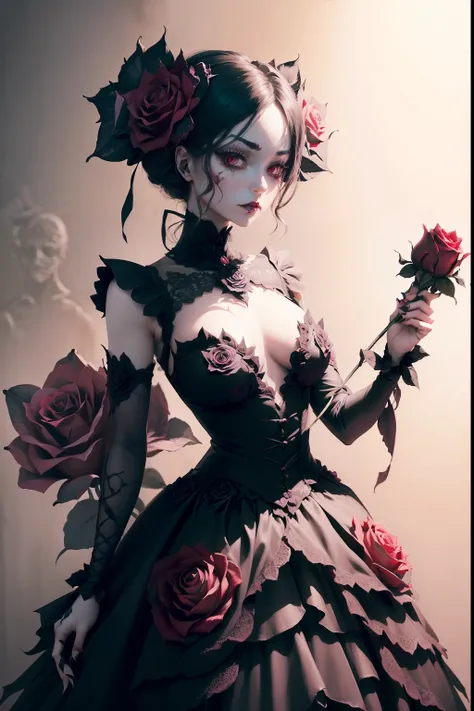 Illustration of a woman wielding a rose whip、A devil that combines creepiness and beauty、(The human:0.1| A rose flower:1.8)、(Female face in the center of rose flower)、the body is green、Atrocious、cruel、offensive、wicked、ruthless look、Full body