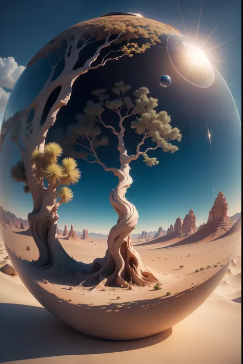 Image of a tree inside a glass ball in a desert landscape, tree of life inside the ball, Arte digital surrealista, Surrealismo 8K, arte digital surreal, arte surreal, surreal 3 d render, 3d renderizar arte digital, Marcos Adamus, arte conceitual surreal, 3...