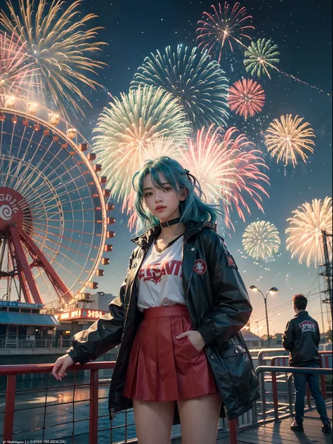 1 girl with red light blue hair, standing at the amusement park in front of the giant wheel or ferris wheel, and see the fireworks on the sky beautiful green and blue fireworks, night view, 8K UHD, Nvidia RTX 4090 rendering, ray tracing, DLSS 3.