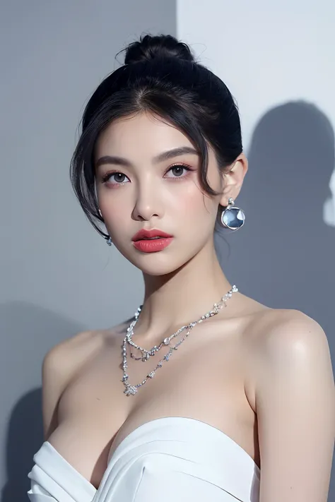 (extra detailed body、extra detailed face、best qualtiy:1.2)、femele、looking at the viewers、(Fantastico clothes、cleavage of the breast、CHANELs worldview、Large shoulder-length silver earrings、Silver fancy necklace、Mode system、fashionshow)、(Stylish wall in blue...