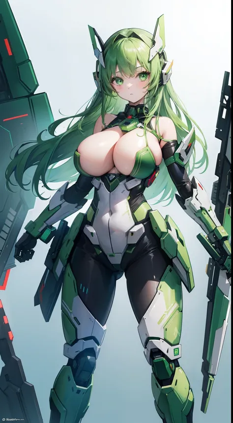 1girl, green hair, green eyes, big boobs, mecha suit, mecha gear, mecha wing, future