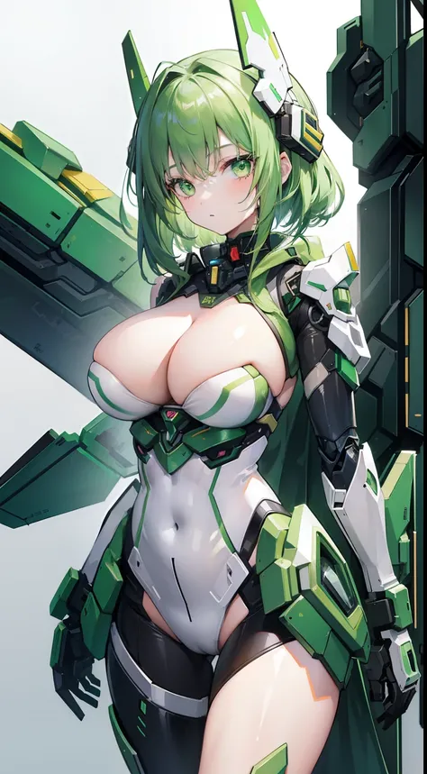 1girl, green hair, green eyes, big boobs, mecha suit, mecha gear, mecha wing, future