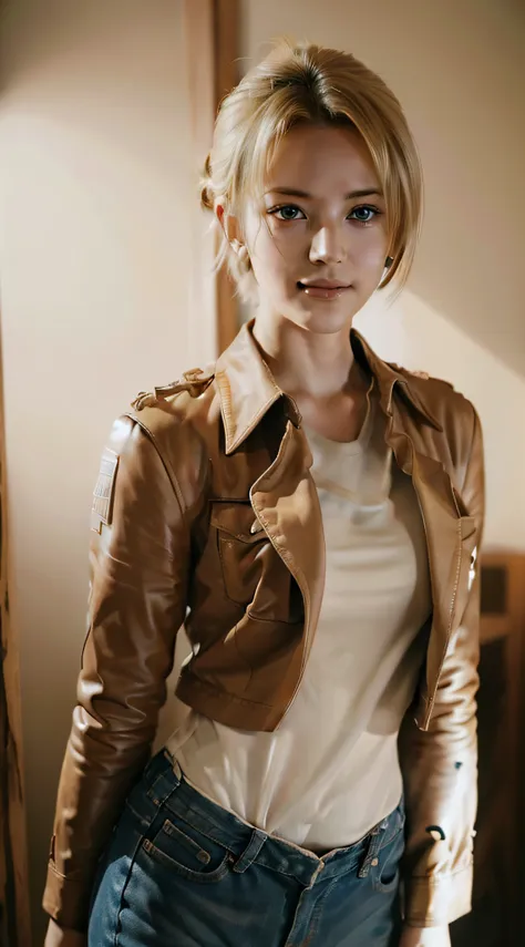 annie from the anime attack on titan, short hair, blonde hair, beautiful woman, beautiful, perfect body, perfect breasts, white ...