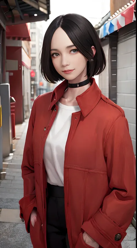 (masutepiece, Best Quality, 1girl in, Solo, Fine detail, chromatic abberation), Realistic, (Medium Breath)), pixie short hair, Sharp eyes, Choker, Open coat, (Symmetrical eyes), (Perfectly symmetrical body), Graffiti, Solid color background, Looking at the...