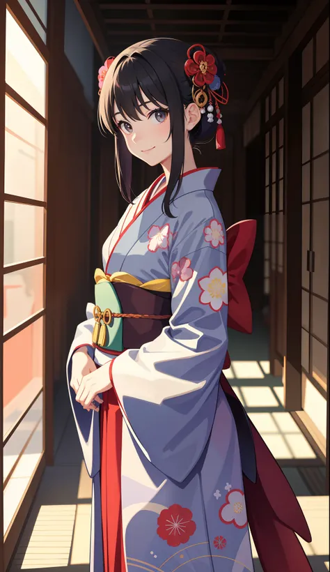 1girl in、AS-Adult、A smile、japanese kimono、Japan kimono、（small tits）Upper body portrait、