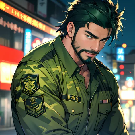 best qualtiy， tmasterpiece， 超高分辨率， detailedbackground， photorealestic， illustratio， Single， 1   boy， Young, Handsome, Mature man， sbeard， swat， the street， musculature， Facial hair， Volumetriclighting， depth of fields， (Green camouflage uniform)