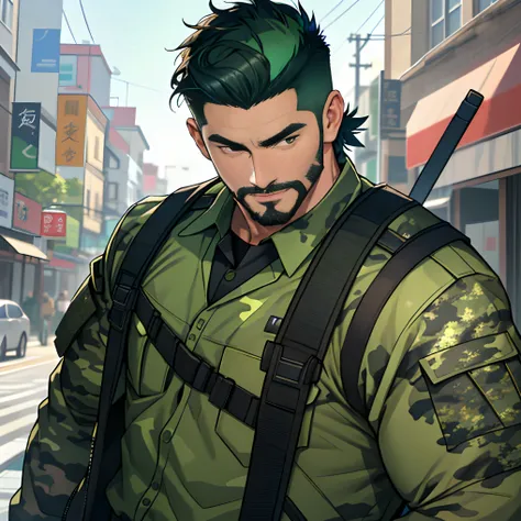 best qualtiy， tmasterpiece， 超高分辨率， detailedbackground， photorealestic， illustratio， Single， 1   boy， Young, Handsome, Mature man， sbeard， swat， the street， musculature， Facial hair， Volumetriclighting， depth of fields， (Green camouflage uniform)