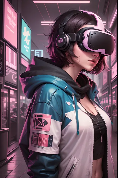 A synthwave style sticker of a beautiful cyberpunk woman wearing a VR headset, the VR headset is covering her eyes  with red hoddie