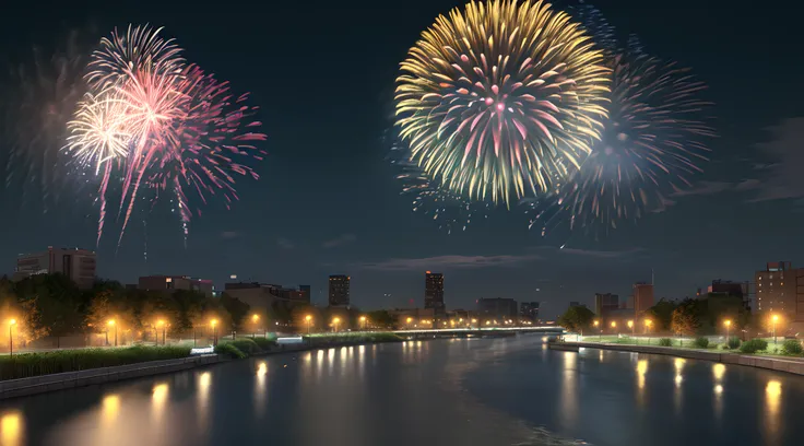 a photorealistic night scene picture of a fireworks show over a city at night, fireworks being reflected in the river, photorealistic display of fireworks (best details, Masterpiece, best quality), beat detailed urban background at night, entire scene bein...