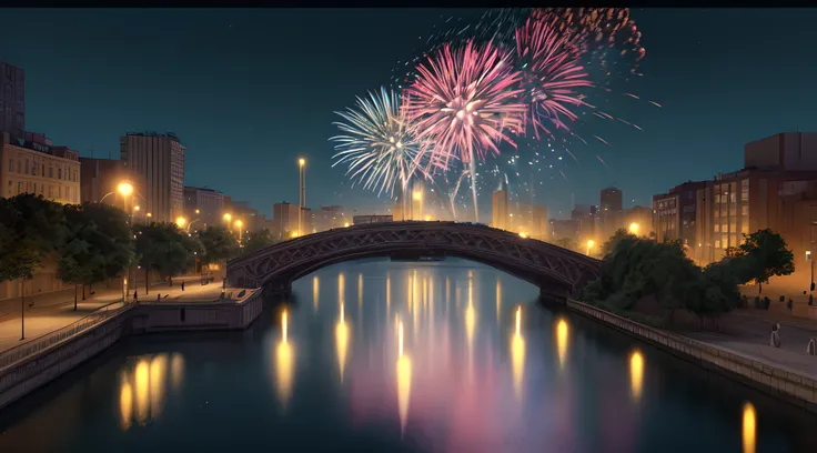 a photorealistic night scene picture of a fireworks show over a city at night, fireworks being reflected in the river, photorealistic display of fireworks (best details, Masterpiece, best quality), beat detailed urban background at night, entire scene bein...