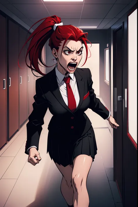 woman, red ponytail hair, wearing a black office suit, red tie,black office skirt, scared, scream, scared pose, dark, midnight