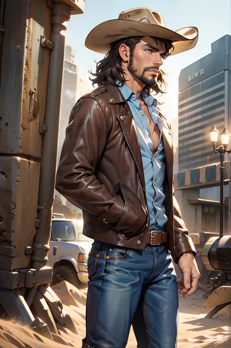 cowboy, Muscular man, blue dress shirt, Brown leather jacket, long black jeans, Cowboy boots, revolver, Cowboy hat, Dark brown hair, Short hair, Brown eyes, Medium beard, Mechanical right arm, desert scenery, There was sand everywhere.