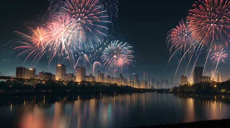 a photorealistic night scene picture of a fireworks show over a city at night, fireworks being reflected in the river, photorealistic display of fireworks (best details, Masterpiece, best quality), beat detailed urban background at night, entire scene bein...