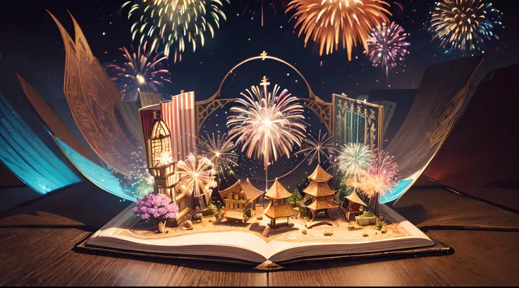 (Pop-up Books:1.5),Picture books that jump out, Chunky book on the table, Magic Book, Bright fireworks flying out of a book, Colorful fireworks,(highly colorful, Best Quality, Detailed details, masutepiece, offcial art, Movie Light Effects, 4K, Chiaroscuro...